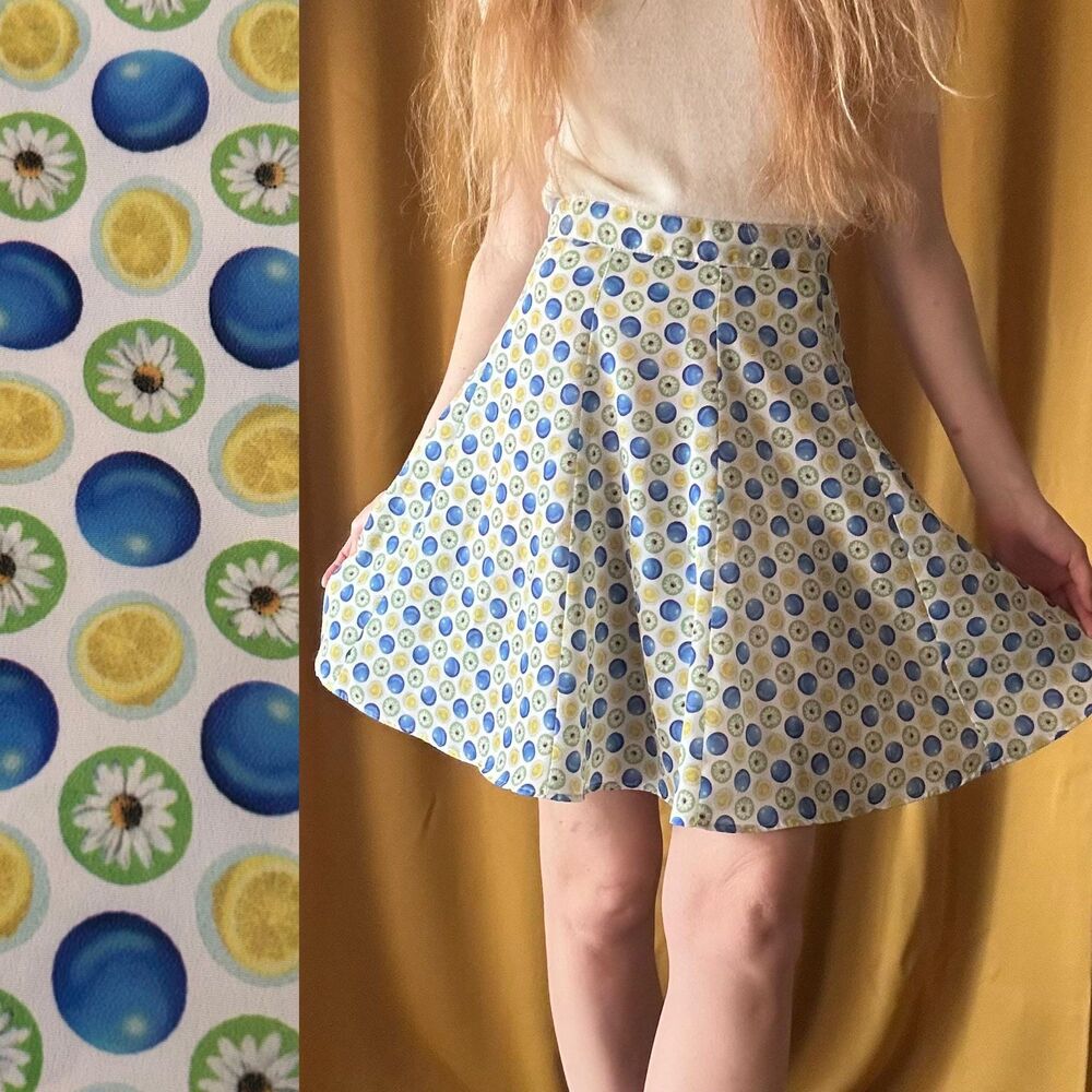 1990s Lemon Print A Line Circle Skirt, Medium 27" waist
